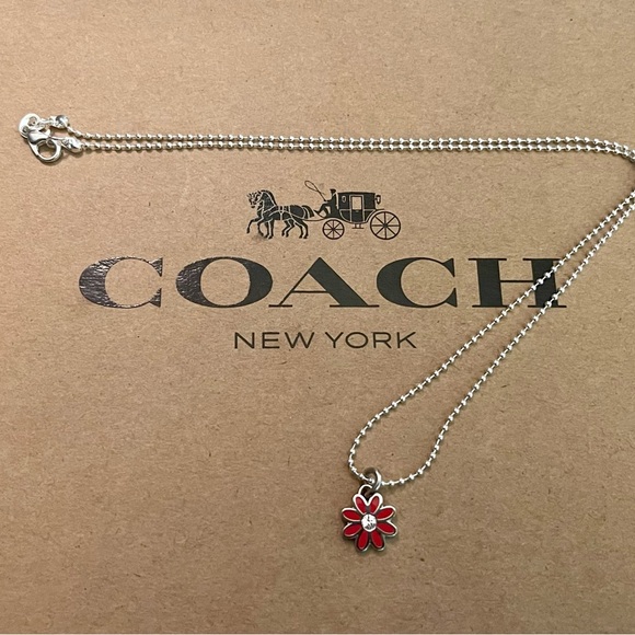 Coach Hot Pink Enamel Crystal Mini Daisy Pendant .925 Sterling Silver Necklace - Picture 4 of 7